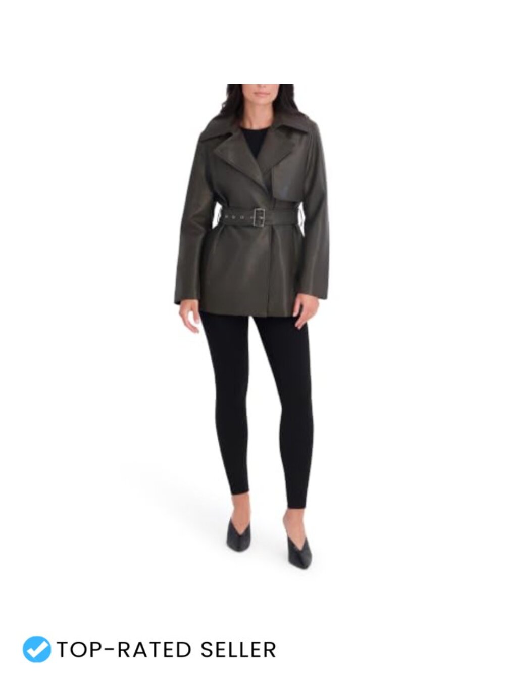 Faux Leather Belted Trench Coat Long Sleeve Snap Notch Collar